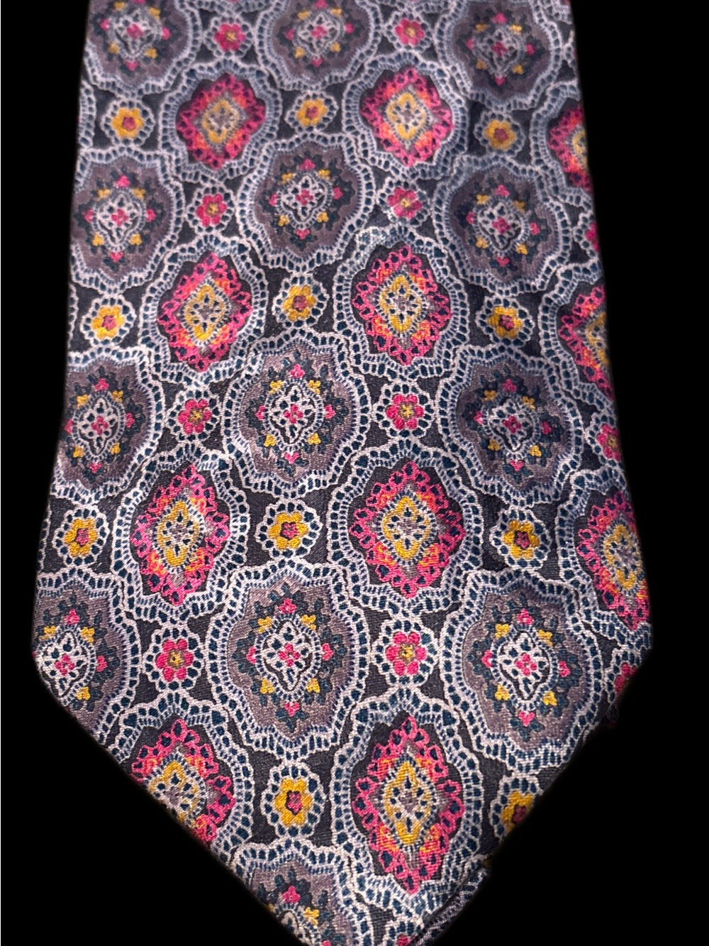 Handmade  Patterned Silk Tie - Pink & Yellow Medallion